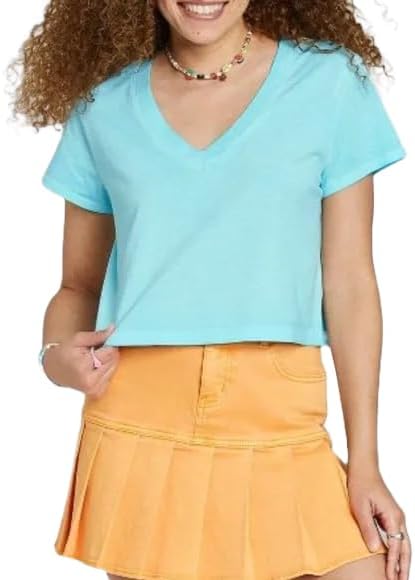 Wild Fable Women's Short Sleeve Boxy Cropped V-Neck T-Shirt
